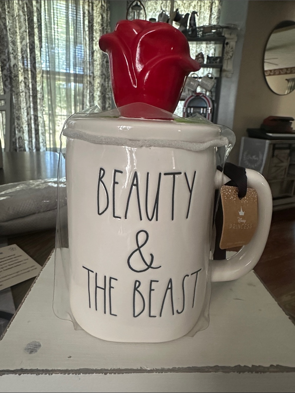 Rae Dunn White Ceramic 'Beauty & The Beast' Mug with Red Rose Lid